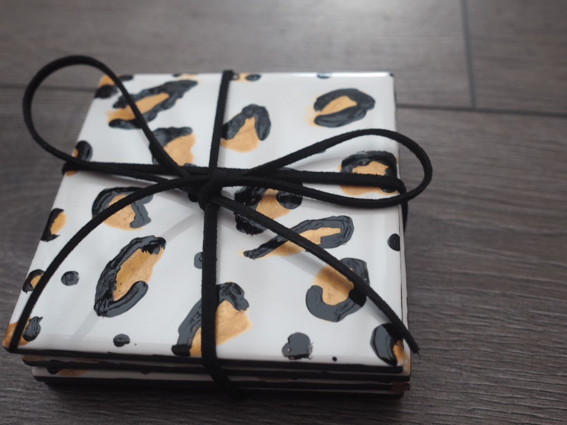 Handpainted leopard print square coasters